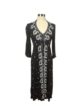 Free People Embroidered Maxi Dress Black White Boho Long Sleeve Womens XS